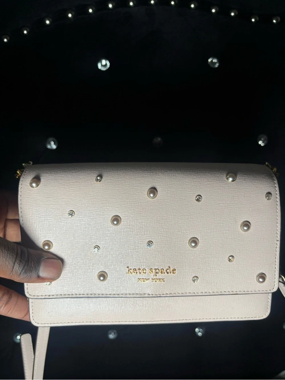 kate spade pearl-studded cream crossbody with gold chain